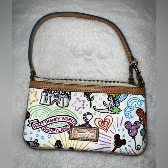 Dooney & Bourke Handbags - Dooney & Bourke White Multi Disney Print Wristlet with Tan Trim